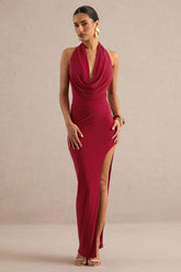 Imogenia | Red Cowl Plunge-Neck Maxi Dress With Front-High Split