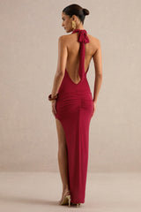 Imogenia | Red Cowl Plunge-Neck Maxi Dress With Front-High Split