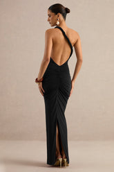 Indalie | Black Twisted Asymmetric-Neck Maxi Dress