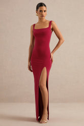 Josiane | Red Square-Neck Maxi Dress With Front Split