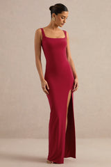 Josiane | Red Square-Neck Maxi Dress With Front Split