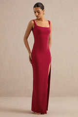 Josiane | Red Square-Neck Maxi Dress With Front Split