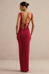Josiane | Red Square-Neck Maxi Dress With Front Split
