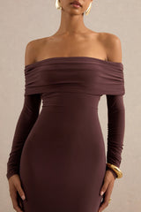 Keirae | Dark Brown Bardot-Neck Maxi Dress