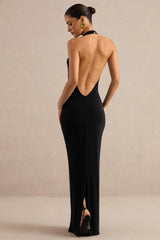 Maristela | Black Plunge-Neck Maxi Dress with Gloves