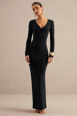 Lucina | Black V-Neck Maxi Dress With Ruched Detailing