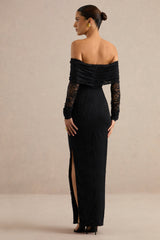 Maelora | Black Lace Bardot-Neck Maxi Dress With Scarf