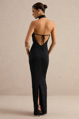 Magda | Black Lace Cowl Plunge-Neck Maxi Dress With Collar