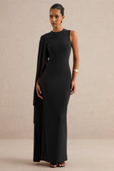 Maravelle | Black Round-Neck Maxi Dress With Cape Sleeve