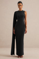 Maravelle | Black Round-Neck Maxi Dress With Cape Sleeve