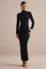 Erienne | Black High-Neck Maxi Dress With Ruched Detailing
