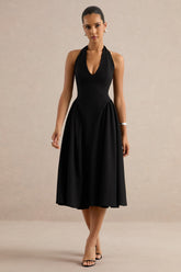 Mirel | Black Halter-Neck Midi Dress
