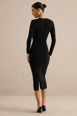 Filomena | Black Round-Neck Midi Dress With Cut-Out