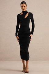 Fiorina | Black High-Neck Midi Dress With Chest Cut-Outs