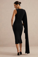 Ilarie | Black Round-Neck Midi Dress With Cape Sleeve