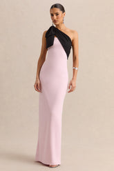 Adara | Pink & Black Asymmetric-Neck Maxi Dress With Bow-Detail