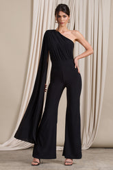 Aurora | Black One Shoulder Cape Sleeve Jumpsuit