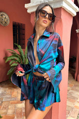 Marisela | Blue Print Satin Flared Sleeve Cropped Shirt
