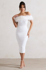 Maiden | White Lace Bardot Midi Dress With Feather Trim