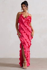 Full On | Hot Pink V-Neck Ruffle Maxi Dress
