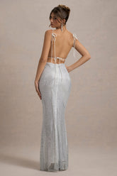 Quartz | Silver Hotfix Square-Neck Open-Back Maxi Dress
