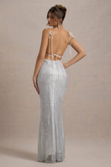 Quartz | Silver Hotfix Square-Neck Open-Back Maxi Dress