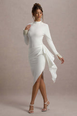 Luanna | Ecru Satin Long-Sleeve Midi Dress With Draped Skirt And Embellished Cuffs