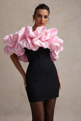 Macaron | Black Bardot Mini Dress With Pink Ruffle Trim