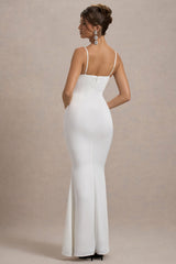 Rumi | White Satin Strappy Maxi Dress With Velvet Bow