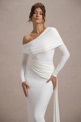 Valina | White Ruched Asymmetric Maxi Dress With Drape