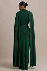 Darielle | Bottle Green High-Neck Cape-Sleeve Maxi Dress