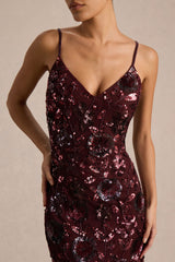 Gemini | Burgundy Floral Sequin Embellished Strappy Maxi Dress