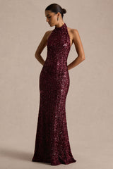 Tulia | Burgundy Sequin High-Neck Maxi Dress