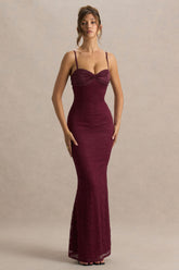 Juana | Burgundy Lace And Satin Sweetheart-Neck Satin Maxi Dress