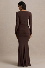 Saffie | Chocolate Extreme-Plunge Wrap Maxi Dress With Long-Sleeves And Ruched Detailing