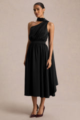 Caluna | Black Satin Asymmetric-Neck Midi Dress With Scarf-Detail