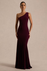 Zya | Dark Plum Asymmetric-Neck Fishtail Maxi Dress