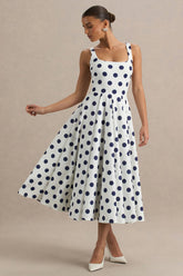 Berta | White And Navy Polka-Dot Square-Neck Midi Dress