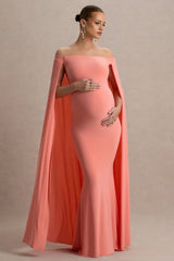 Radiance | Coral Bardot Maternity Maxi Dress With Cape
