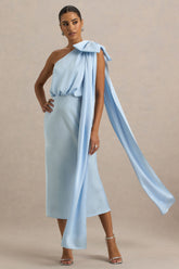 Celestia | Powder Blue Satin Asymmetric-Neck Midi Dress With Cape Detail