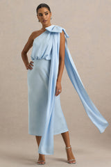 Celestia | Powder Blue Satin Asymmetric-Neck Midi Dress With Cape Detail