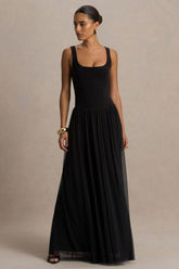 Amelia | Black Scoop-Neck Maxi Dress With Pleated Skirt