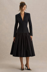 Cosmopolitan | Black Plunge-Neck Tailored Midi Dress With Pleated Hem