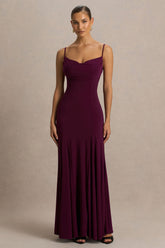 Gabbie | Burgundy Cowl-Neck Maxi Dress With Mesh Back Detail