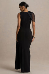 Brenda | Black Crew-Neck Maxi Dress With Mesh Cape And Sash