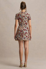 Eira | Red Floral Embellished Sequin Crew-Neck Mini Dress