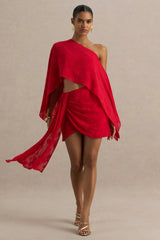 Melania | Red Satin Devore Wrap Mini Skirt With Sash Detail
