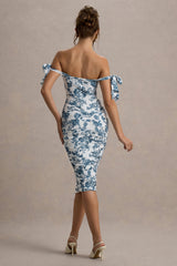 Citrus | Blue Porcelain Print Bardot Bodycon Midi Dress With Bow Sleeves