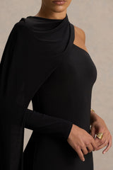 Dawn | Black High-Neck Maxi Dress With One Long Cape-Sleeve