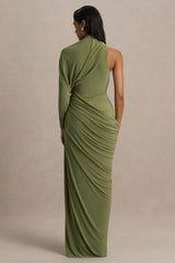 Aphra | Green High-Neck Maxi Dress With Cape-Sleeve